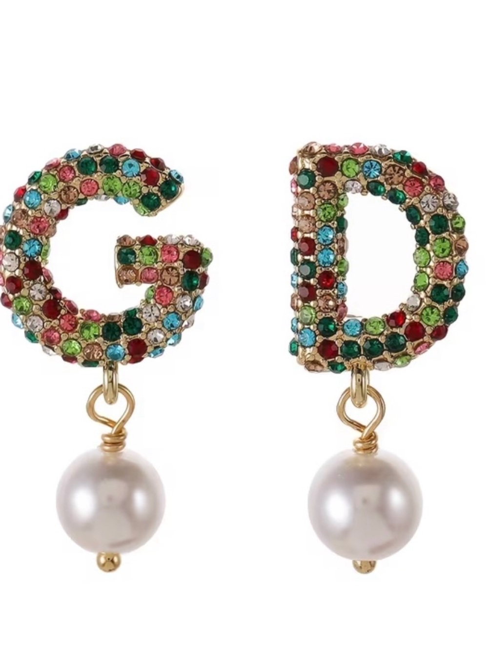 Vintage Multicolor Crystal G & D Pearl Drop Earrings